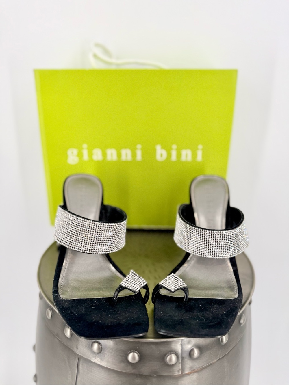 Gianni Bini Black Suede Rhinestone Toe-Ring Slide Sandals